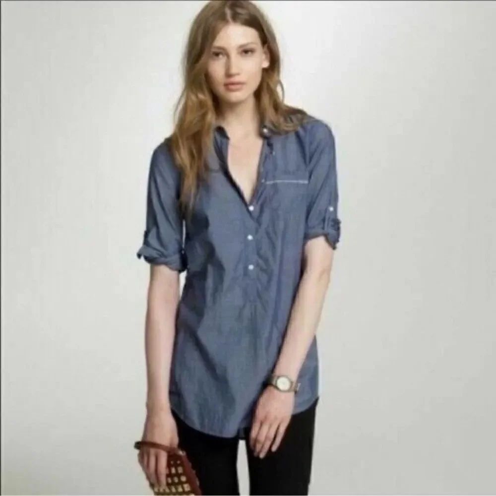J. Crew Chambray Convertible Sleeve Cotton Half Button Down Shirt Size Small